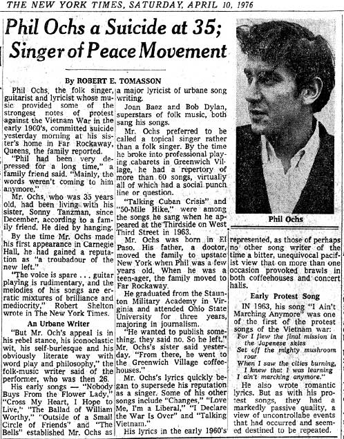 Phil Ochs obituary New York Times